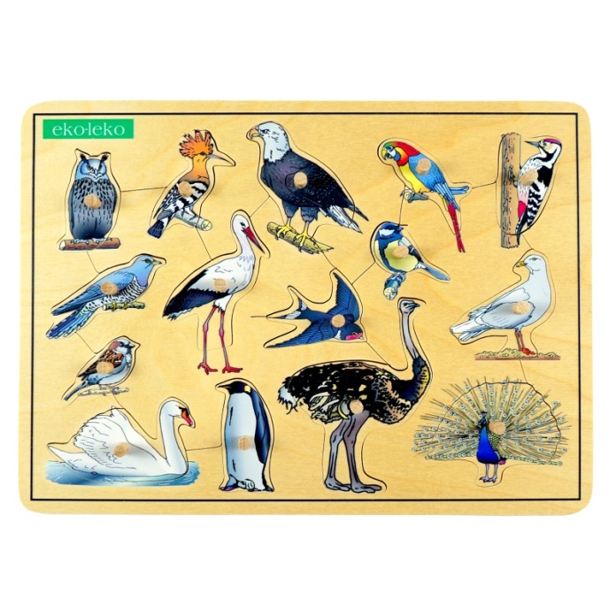 Drewniana układanka ptaki z kołeczkami dla seniora pomoc terapeutyczna